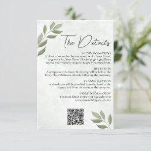 Wistful Leaves Sage Green Wedding Details QR Code Enclosure Card