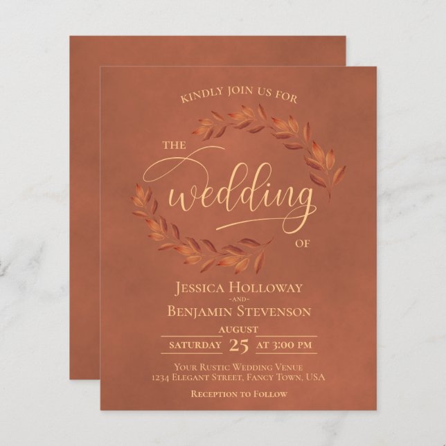 Wistful Leaves Terracotta BUDGET Wedding Invite (Front/Back)