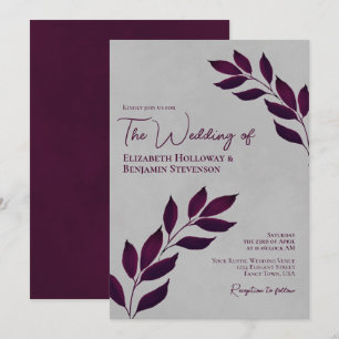 Wistful Plum Purple Leaves Elegant Gray Wedding Invitation