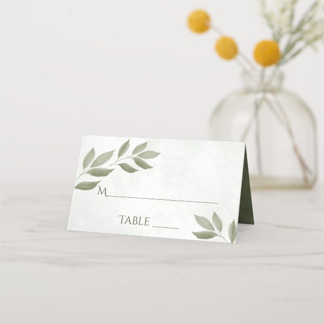 Wistful Sage Green Leaves Elegant Wedding Write-In Place Card (Front)