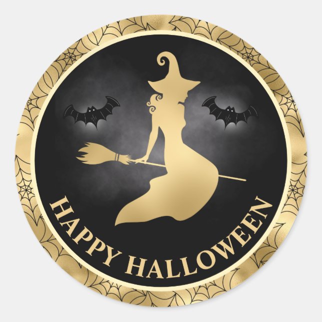 Witch and Bats Gold & Black Happy Halloween Classic Round Sticker (Front)