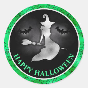 Witch and Bats Green & Black Happy Halloween Classic Round Sticker