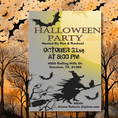 Witch And Bats In Flight Adult Halloween Party  Invitation