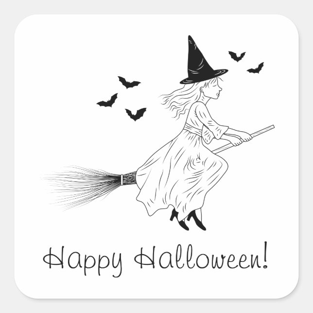Witch And Bats Line Art Minimal Happy Halloween Square Sticker (Front)