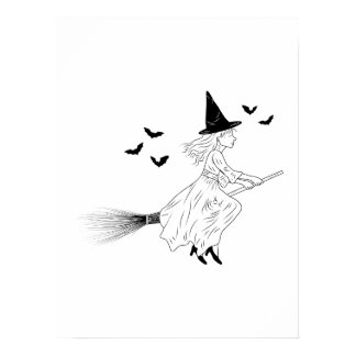 Witch And Bats Simple Line Art Minimal Halloween Poster