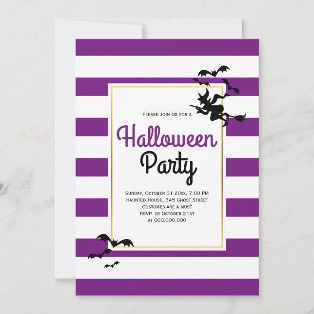 Witch and bats stripes purple Halloween party Invitation (Front)