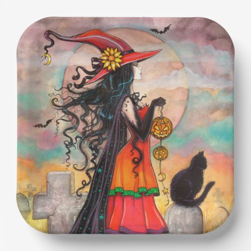Witch and Black Cat Art by Molly Harrison Paper Plates