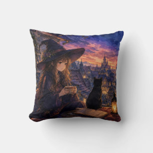 Witch and Black Cat Fantasy Throw Pillow