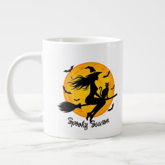 Witch and Black Cat Flying Across Full Moon Giant Coffee Mug