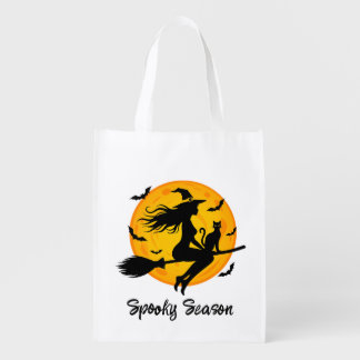 Witch and Black Cat Flying Across Full Moon Grocery Bag