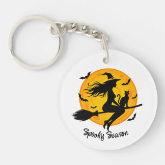 Witch and Black Cat Flying Across Full Moon Keychain