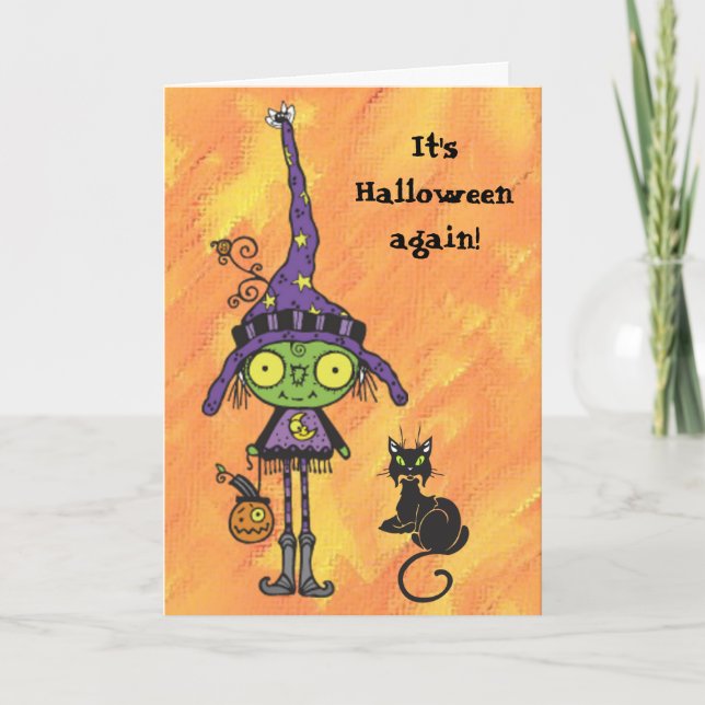 Witch and Black Cat Halloween Card (Front)