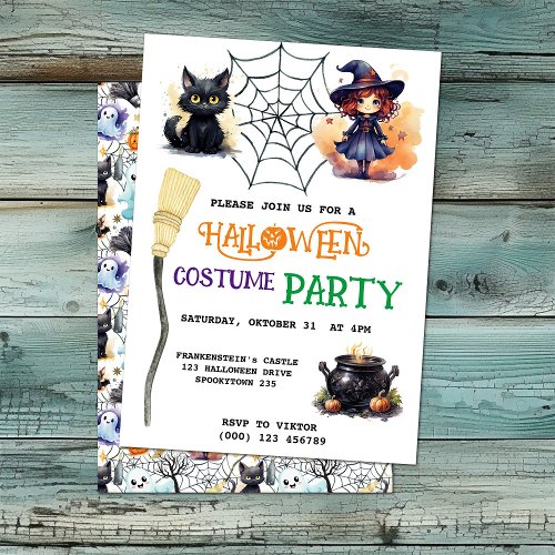 Witch And Black Cat Halloween Party Invitation