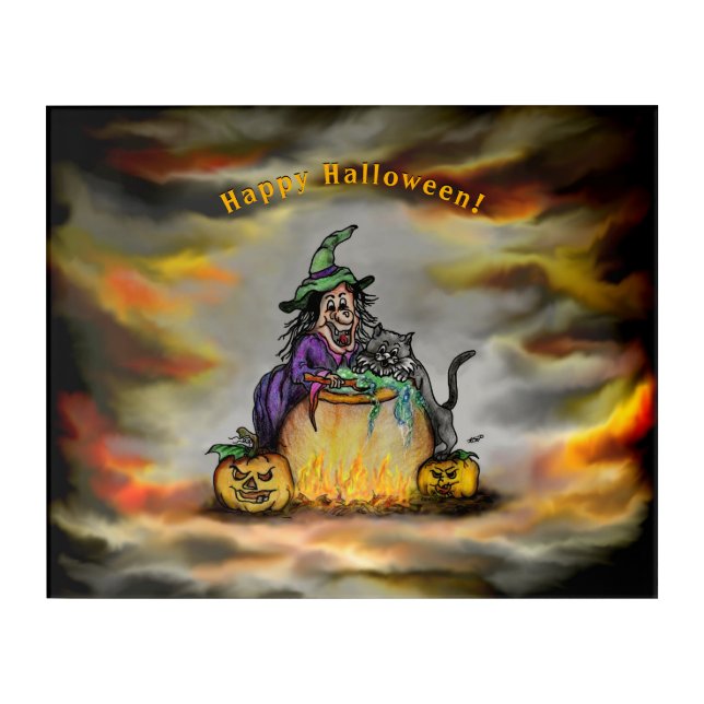 Witch and black Cat, Happy Halloween! Acrylic Print (Front)
