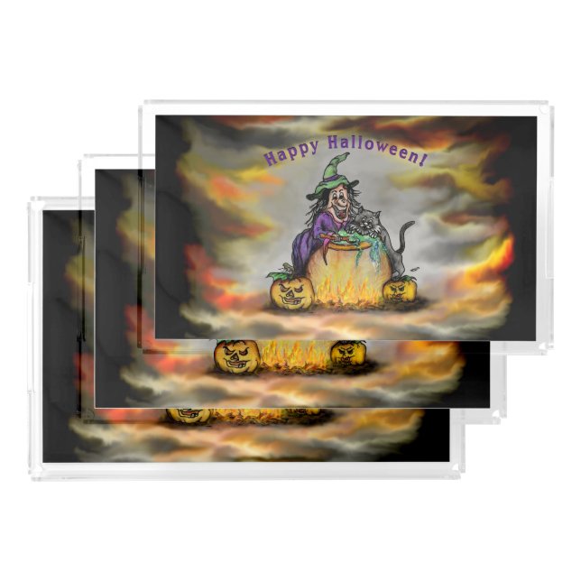 Witch and black Cat, Happy Halloween! Acrylic Tray (Set)