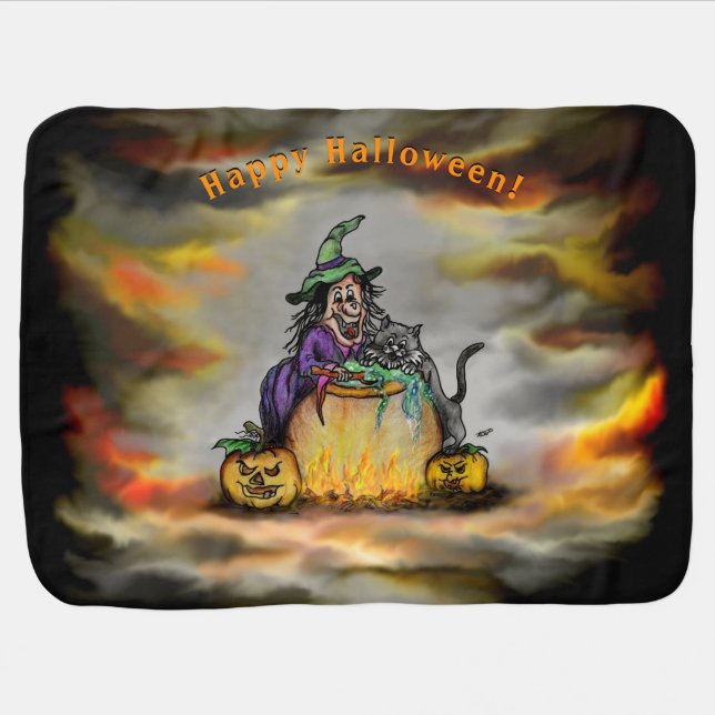 Witch and black Cat, Happy Halloween! Baby Blanket (Horizontal)