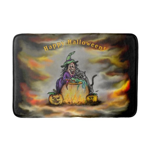 Witch and black Cat Happy Halloween Bath Mat