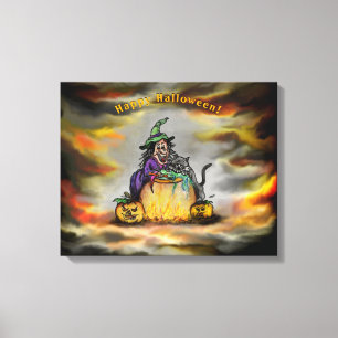 Witch and black Cat, Happy Halloween! Canvas Print