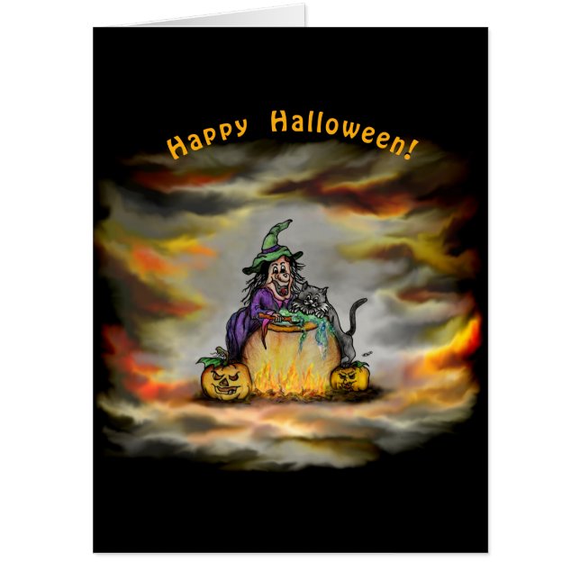 Witch and black Cat, Happy Halloween! Card (Front)