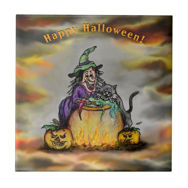Witch and black Cat, Happy Halloween! Ceramic Tile (Front)