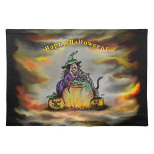 Witch and black Cat, Happy Halloween! Cloth Placemat