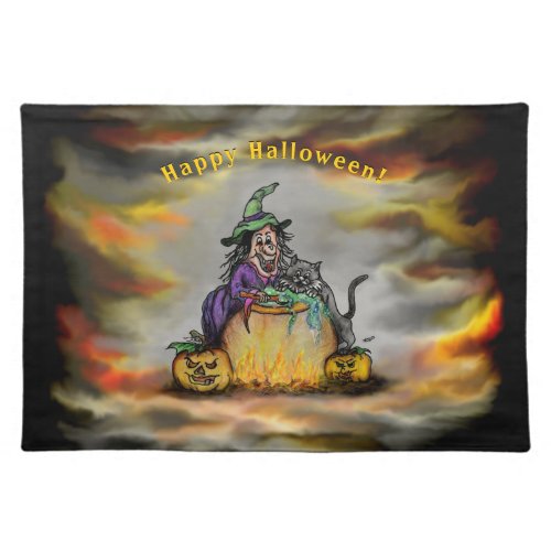 Witch and black Cat Happy Halloween Cloth Placemat