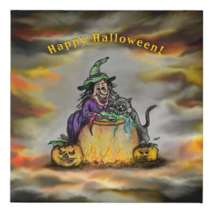 Witch and black Cat, Happy Halloween! Faux Canvas Print