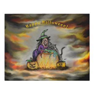 Witch and black Cat, Happy Halloween! Faux Canvas Print