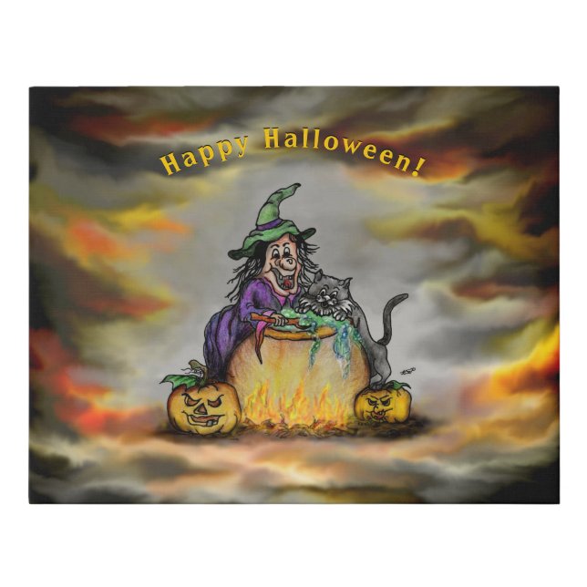 Witch and black Cat, Happy Halloween! Faux Canvas Print (Front)