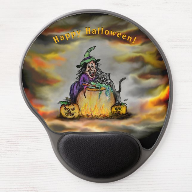Witch and black Cat, Happy Halloween! Gel Mouse Pad (Front)