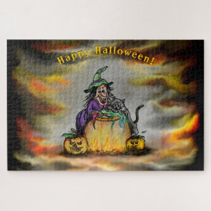 Witch and black Cat, Happy Halloween! Jigsaw Puzzle