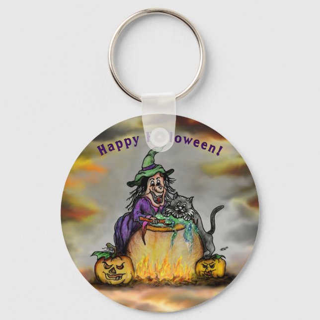 Witch and black Cat, Happy Halloween! Keychain (Front)