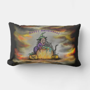 Witch and black Cat, Happy Halloween! Lumbar Pillow