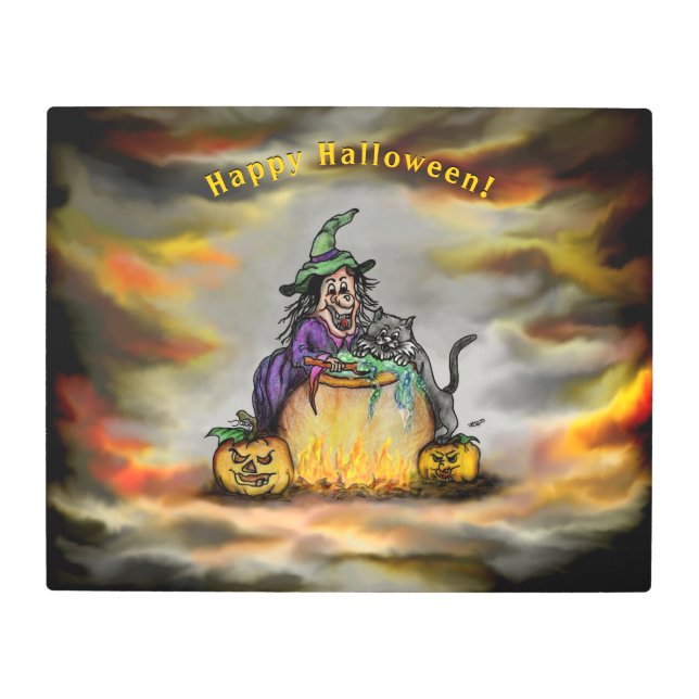 Witch and black Cat, Happy Halloween! Metal Print (Front)