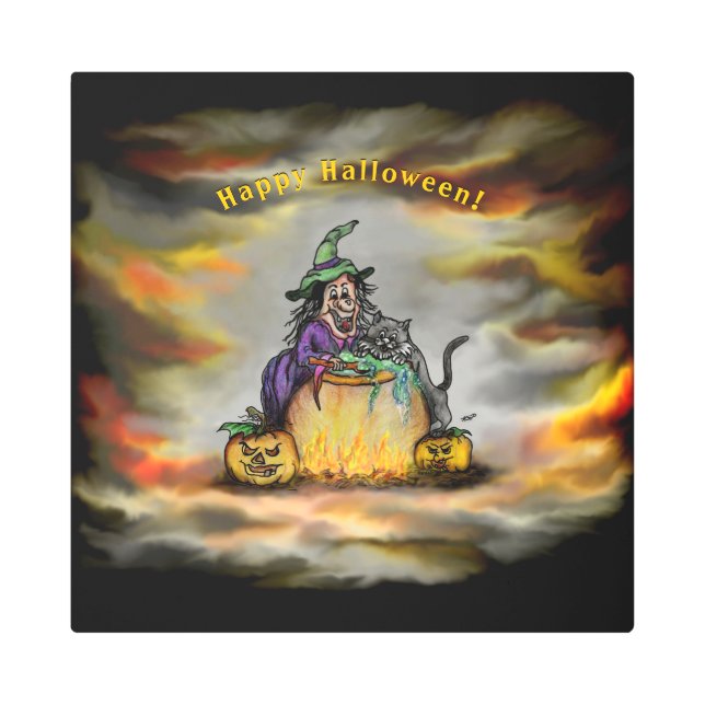 Witch and black Cat, Happy Halloween! Metal Print (Front)
