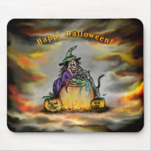 Witch and black Cat, Happy Halloween! Mouse Pad