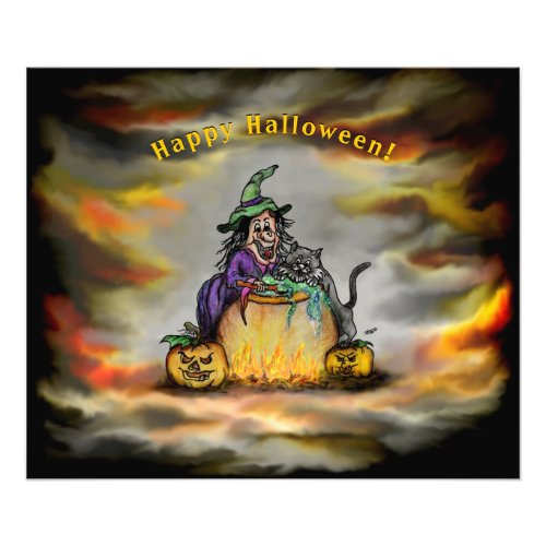 Witch and black Cat Happy Halloween Photo Print