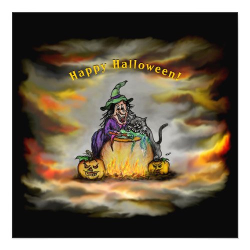 Witch and black Cat Happy Halloween Photo Print