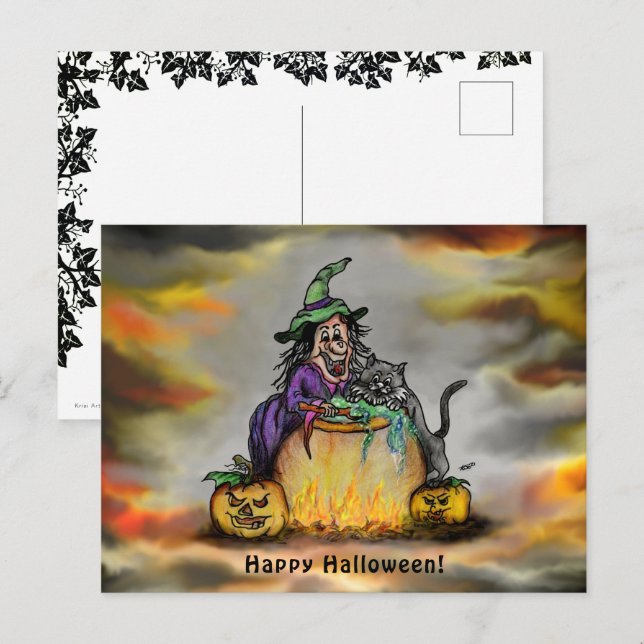 Witch and black Cat, Happy Halloween! Postcard (Front/Back)