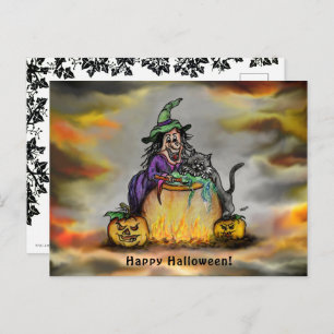 Witch and black Cat, Happy Halloween! Postcard
