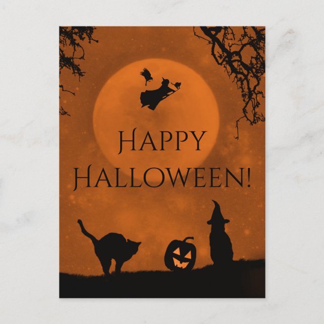 Witch and Black Cat Happy Halloween Postcards (Front)
