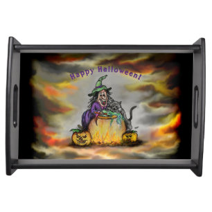 Witch and black Cat, Happy Halloween! Serving Tray