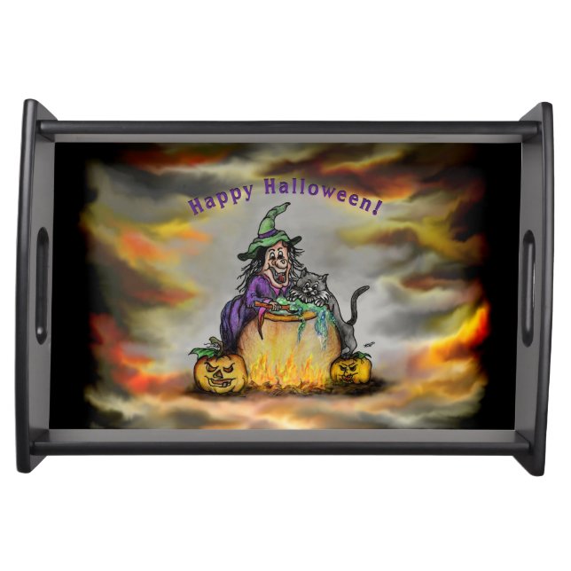 Witch and black Cat, Happy Halloween! Serving Tray (Front)