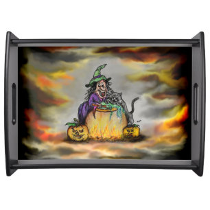 Witch and black Cat, Happy Halloween! Serving Tray