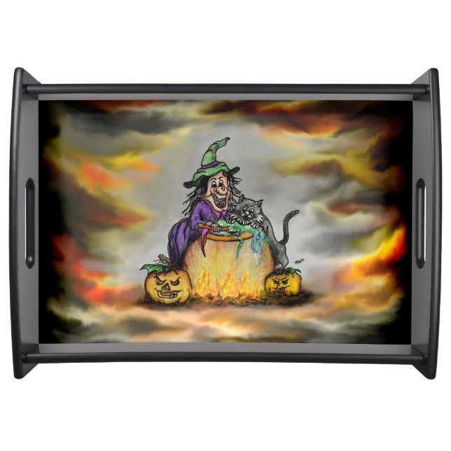 Witch and black Cat, Happy Halloween! Serving Tray (Front)