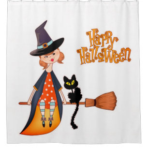 Witch And Black Cat Happy Halloween Shower Curtain