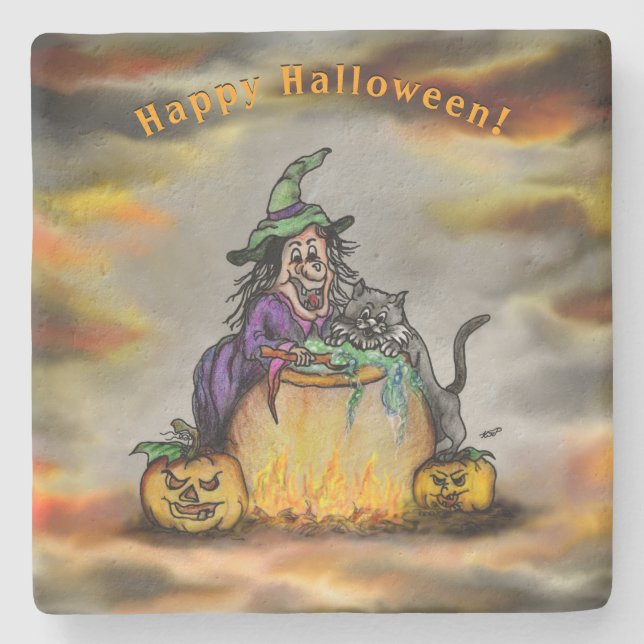 Witch and black Cat, Happy Halloween! Stone Coaster (Front)
