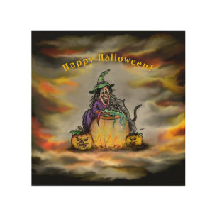 Witch and black Cat, Happy Halloween! Wood Wall Art