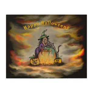 Witch and black Cat, Happy Halloween! Wood Wall Art