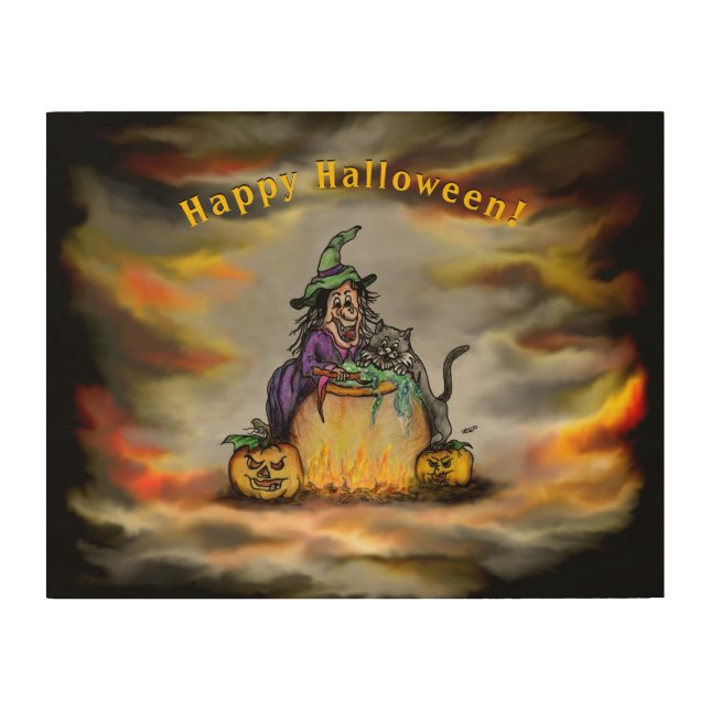 Witch and black Cat, Happy Halloween! Wood Wall Art (Front)